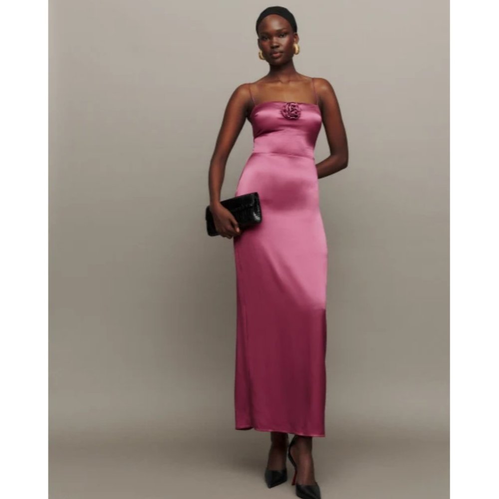 NWOT Reformation Frankie Silk Dress in Strawberry Wine Rosette Pink Floral Maxi